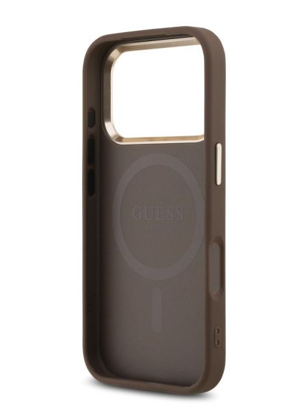 Guess для iPhone 17 Pro Max чехол PU 4G Triangle Diamond metal logo Gold camera Hard Brown (MagSafe)