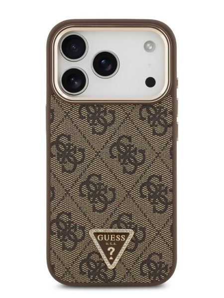 Guess для iPhone 17 Pro Max чехол PU 4G Triangle Diamond metal logo Gold camera Hard Brown (MagSafe)
